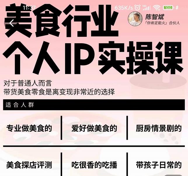美食行业个人IP实操课，对于普通人而言，带货美食零食是离变现非常近的选择创鑫阁-网创项目资源站-副业项目-创业项目-搞钱项目创鑫阁