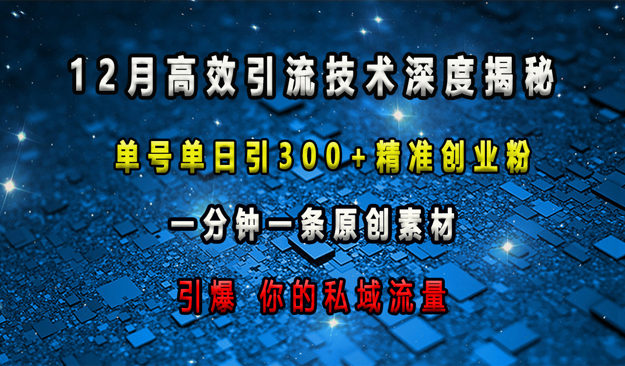 12月高效引流技术深度揭秘 ，单号单日引300+精准创业粉，一分钟一条原创素材，引爆你的私域流量创鑫阁-网创项目资源站-副业项目-创业项目-搞钱项目创鑫阁