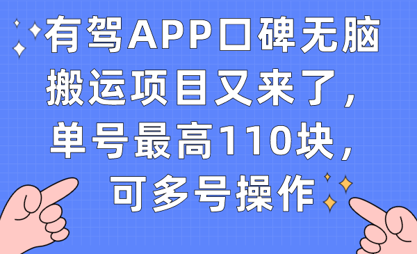 有驾APP口碑无脑搬运项目又来了，单号最高110块，可多号操作创鑫阁-网创项目资源站-副业项目-创业项目-搞钱项目创鑫阁