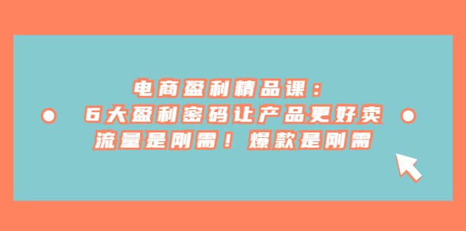 电商 盈利精品课：6大盈利 密码让产品更好卖，流量是刚需！爆款是刚需创鑫阁-网创项目资源站-副业项目-创业项目-搞钱项目创鑫阁