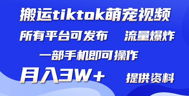 搬运Tiktok萌宠类视频，一部手机即可。所有短视频平台均可操作，月入3W+创鑫阁-网创项目资源站-副业项目-创业项目-搞钱项目创鑫阁