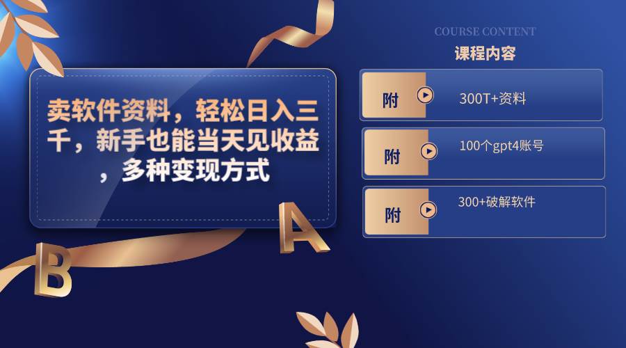 卖软件资料，轻松日入三千，新手也能当天见收益，多种变现方式，（附300T+资料，100个gpt4账号，300+破解软件）创鑫阁-网创项目资源站-副业项目-创业项目-搞钱项目创鑫阁