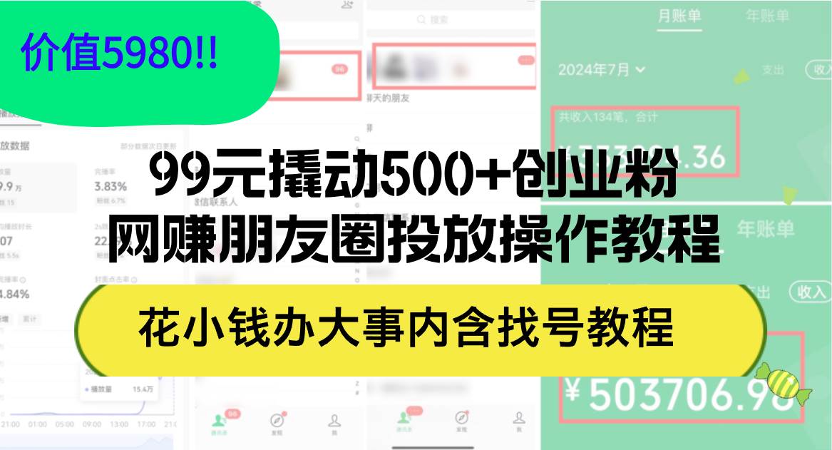 99元撬动500+创业粉，网赚朋友圈投放操作教程价值5980！花小钱办大事内…创鑫阁-网创项目资源站-副业项目-创业项目-搞钱项目创鑫阁