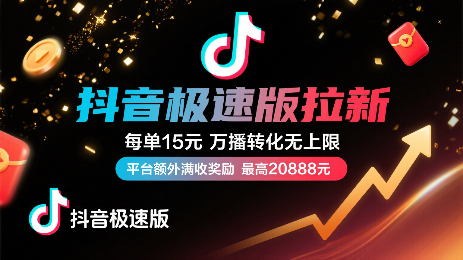 抖音极速版放福利，每单15元，万播转化无上限，平台额外满收奖励，最高可领20888元创鑫阁-网创项目资源站-副业项目-创业项目-搞钱项目创鑫阁